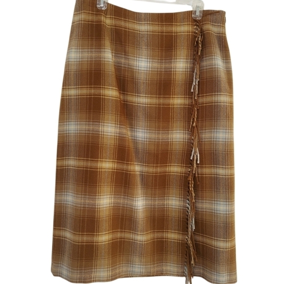 VTG Village Maxi Skirt Plaid Wool Blend Faux Wrap Fringe Lined Size 14 Tan Blue - Picture 1 of 14